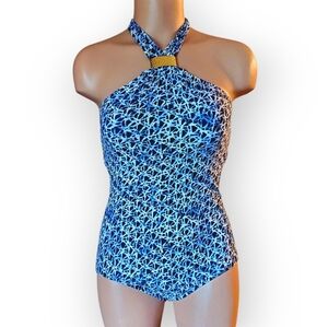 Michael Kors Halter Style one piece Swimsuit Size 6 Blue Navy White Gold